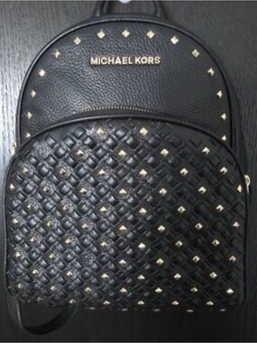 Michael Kors Black Woven Leather Mini Backpack Abbey with Gold Studs